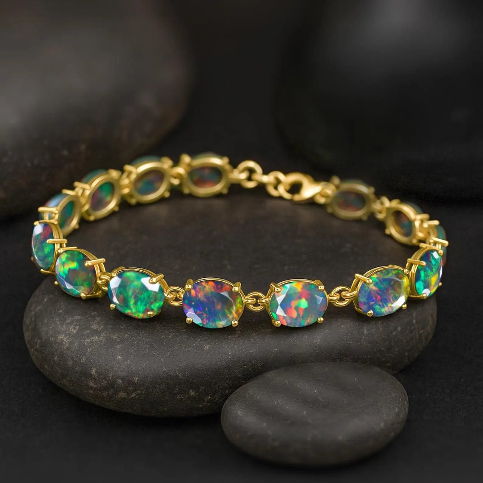 Fire Black Opal Gemstone Silver Tennis Bracelet